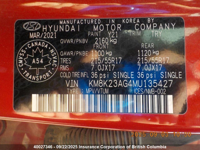 KM8K23AG4MU135427 Hyundai 2021