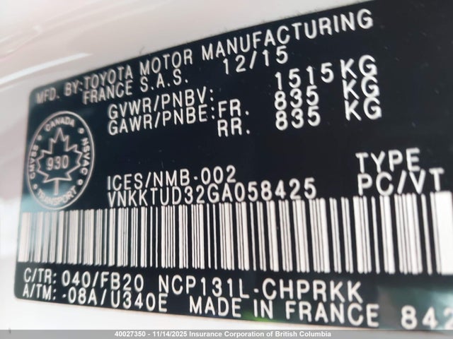 VNKKTUD32GA058425 Toyota 1nz-fe