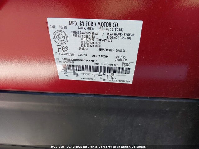 1FM5K8D80KGA47811 Ford 3.5l ti-vct