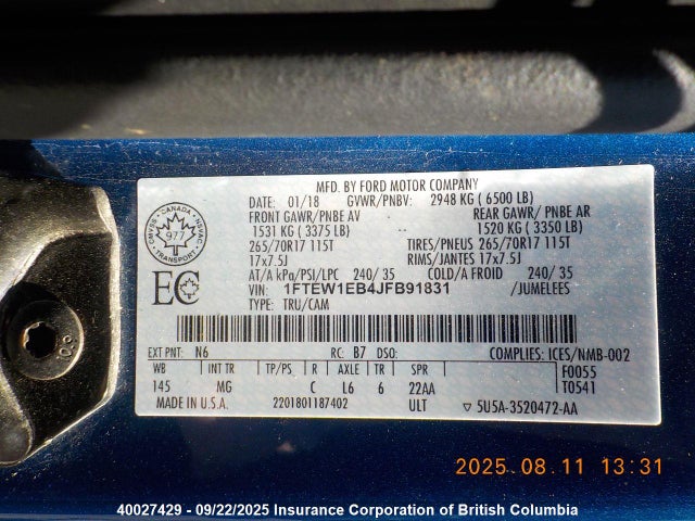 Ford 3.3l tivct 2018 1FTEW1EB4JFB91831 Image 7