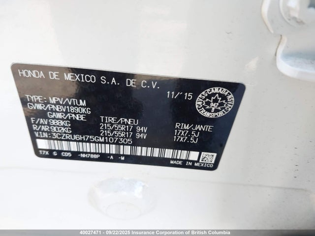 3CZRU6H75GM107305 Honda r18z9