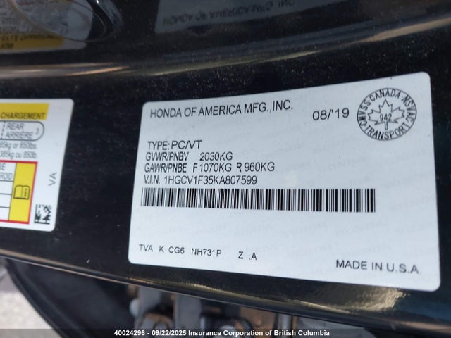 1HGCV1F35KA807599 Honda l15be