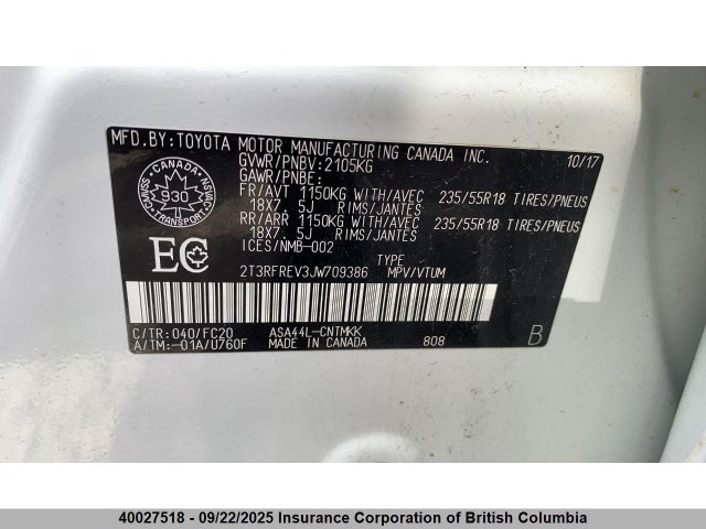 2T3RFREV3JW709386 Toyota 2ar-fe