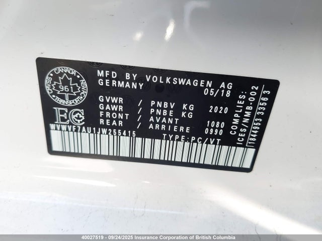 WVWVF7AU1JW255415 Volkswagen 2018