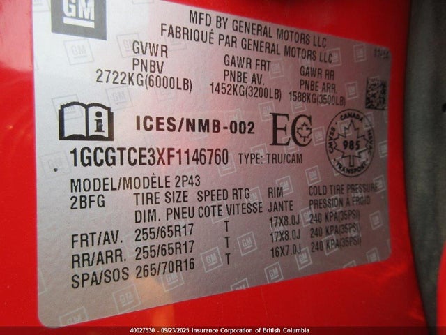 1GCGTCE3XF1146760 Chevrolet lfx - sidi, vvt, e85 max, alum