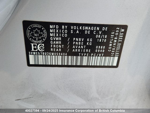 3VWE57BU2KM059404 Volkswagen 1.8 tsi