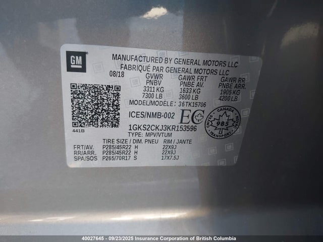 1GKS2CKJ3KR153596 GMC l86 - spark ignited direct injection, variable valve timing, afm, e85max, alum