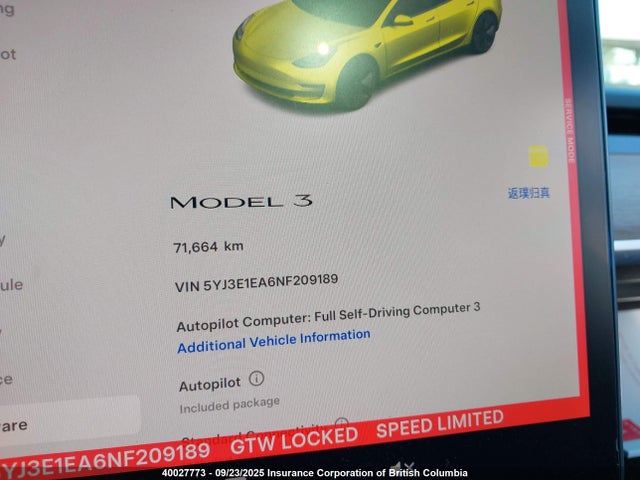 5YJ3E1EA6NF209189 Tesla MODEL 3