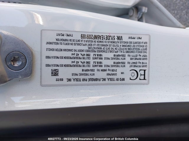 5YJ3E1EA6NF209189 Tesla MODEL 3