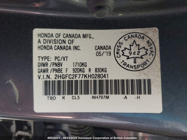 Honda k20c2 2019 2HGFC2F77KH028041 Image 9