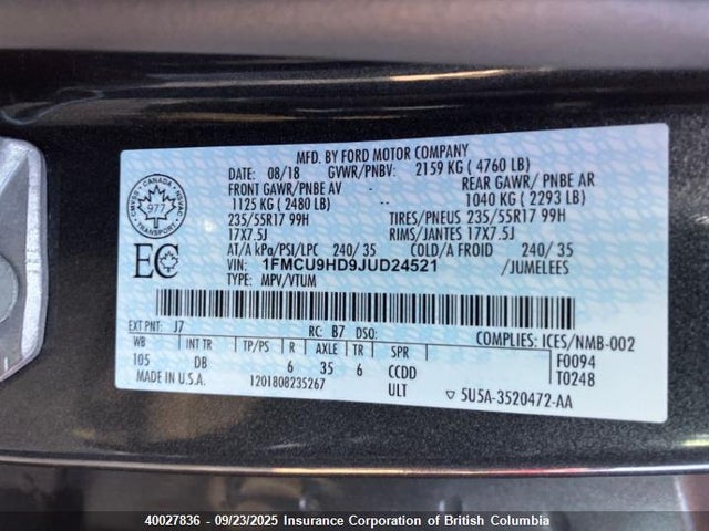 1FMCU9HD9JUD24521 Ford 1.5l gtdi sigma w/premium fuel