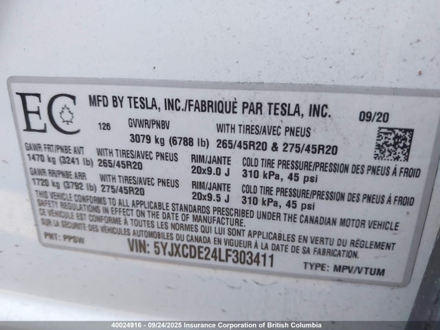 Продаж на аукціоні авто 2020 Tesla Model X, vin: 5YJXCDE24LF303411, номер лоту: 40024916