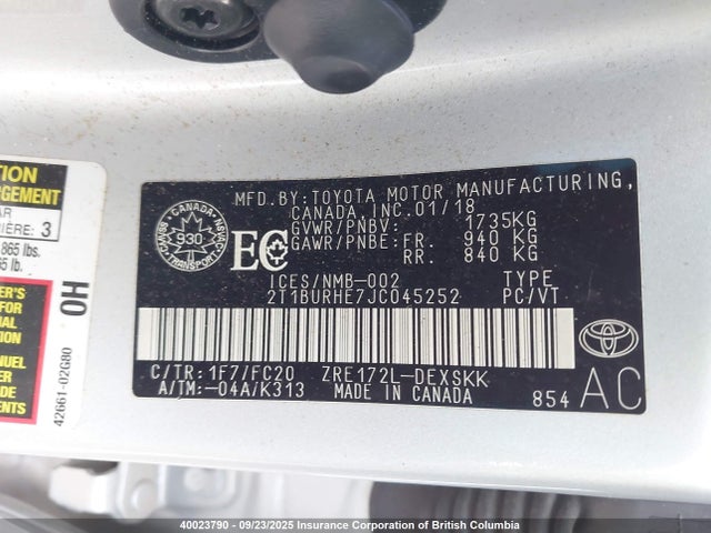 Toyota 2zr-fe 2018 2T1BURHE7JC045252 Image 9