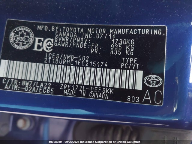 Toyota 2zr-fe 2014 2T1BURHE1EC215174 Image 9