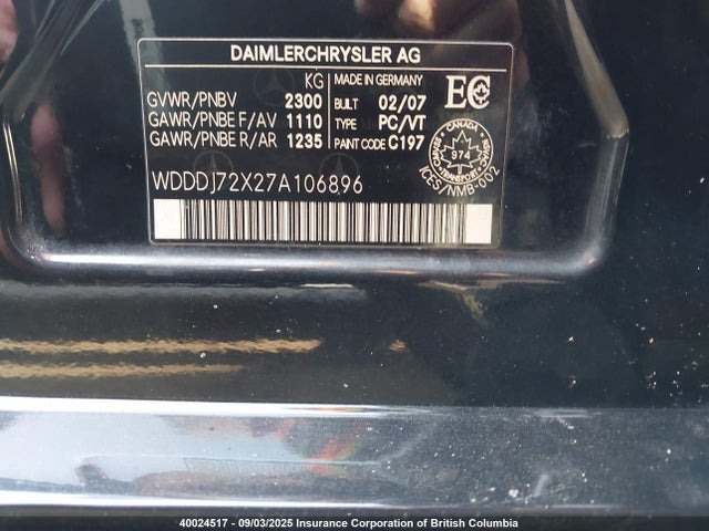 2007 Mercedes-benz Cls 550 მანქანა იყიდება აუქციონზე, vin: WDDDJ72X27A106896, აუქციონის ნომერი: 40024517