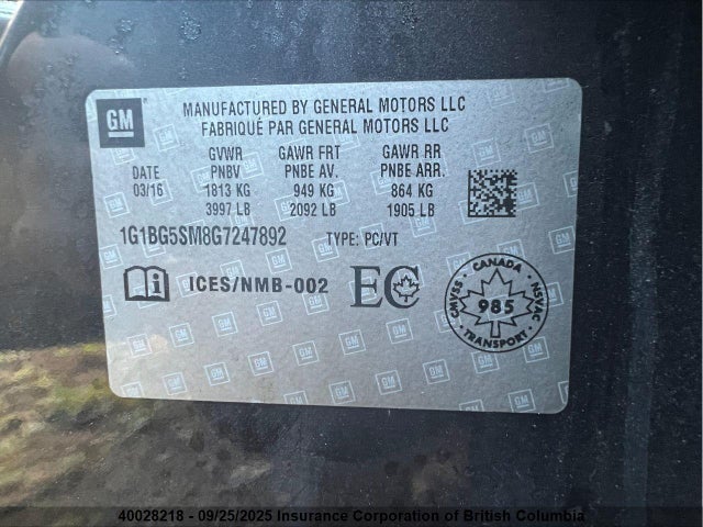 1G1BG5SM8G7247892 Chevrolet le2 - di: direct injection, alum, vvt, gen i, gmna