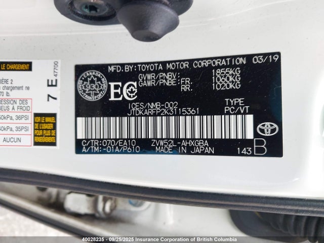 Toyota 2zr-fxe+1nm 2019 JTDKARFP2K3115361 Image 9