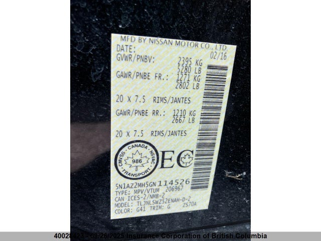 40028423 :رقم المزاد ، 5N1AZ2MH5GN114526 vin ، 2016 Nissan Murano S/sl/sv/platinum مزاد بيع