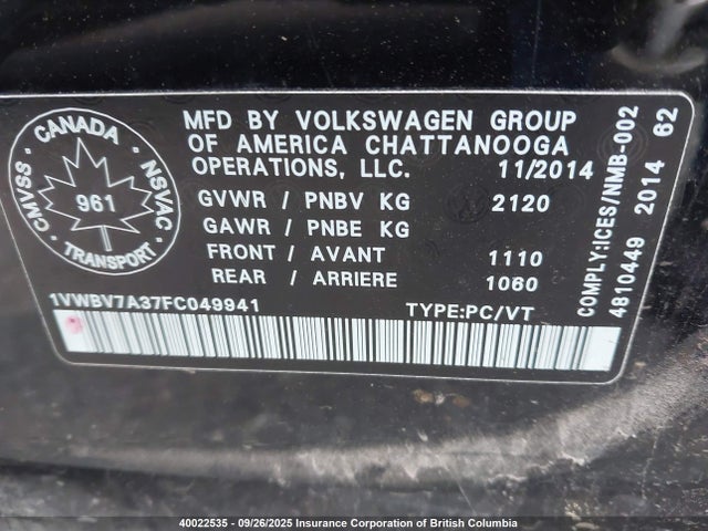 1VWBV7A37FC049941 Volkswagen 2015