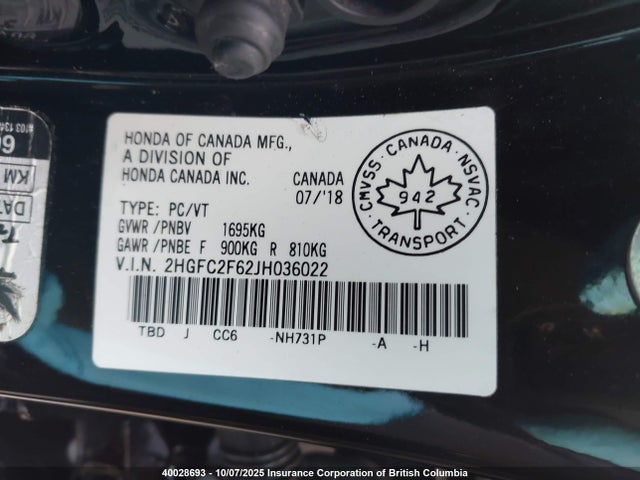 2HGFC2F62JH036022 Honda k20c2