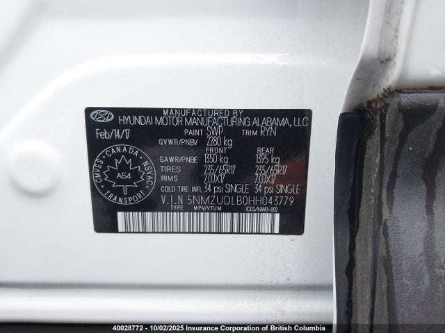 5NMZUDLB0HH043779 Hyundai gdi theta ii
