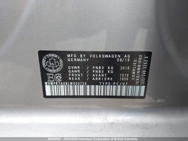 WVWPR7AU8LW900726 Volkswagen 2020