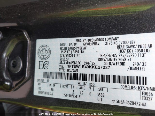 Ford gtdi 2019 1FTEW1E49KKE27237 Image 9