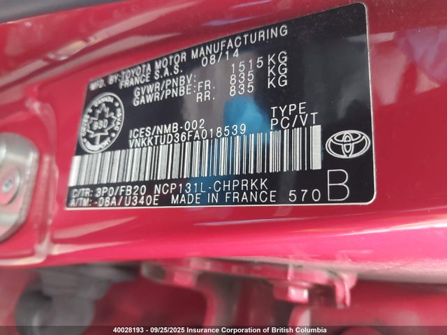 Toyota 1nz-fe 2015 VNKKTUD36FA018539 Image 9