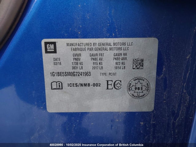 1G1BE5SM0G7241963 Chevrolet le2 - di: direct injection, alum, vvt, gen i, gmna