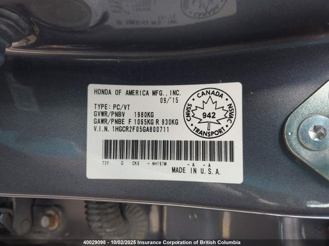 1HGCR2F05GA800711 Honda k24w1