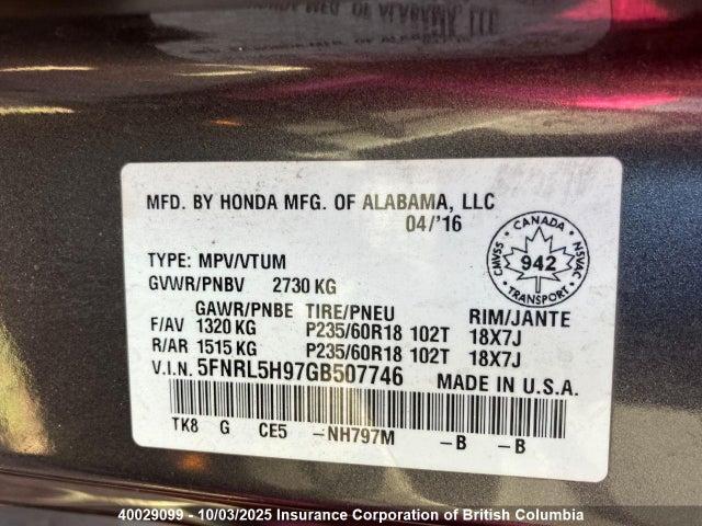 Honda j35z8 2016 5FNRL5H97GB507746 Image 6