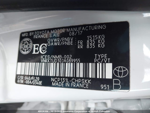 Toyota 1nz-fe 2018 VNKKTUD30JA089955 Image 9