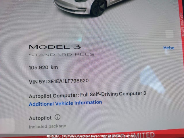 5YJ3E1EA1LF798620 Tesla MODEL 3