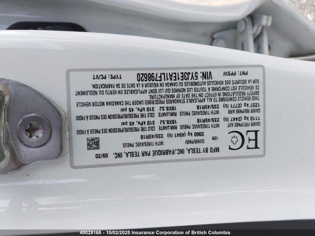 5YJ3E1EA1LF798620 Tesla MODEL 3