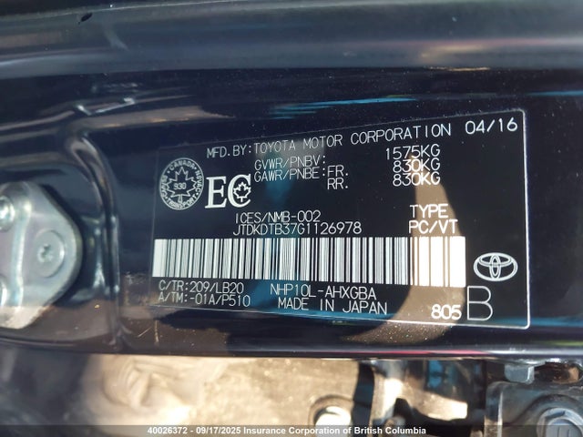 JTDKDTB37G1126978 Toyota 1nz-fxe+1lm