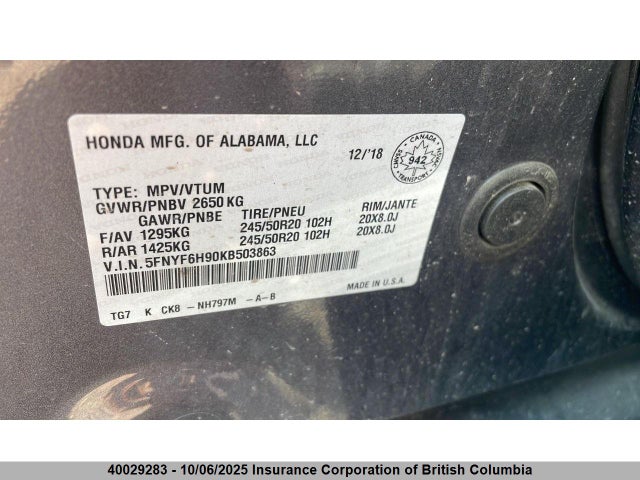 Honda j35y6 2019 5FNYF6H90KB503863 Image 11