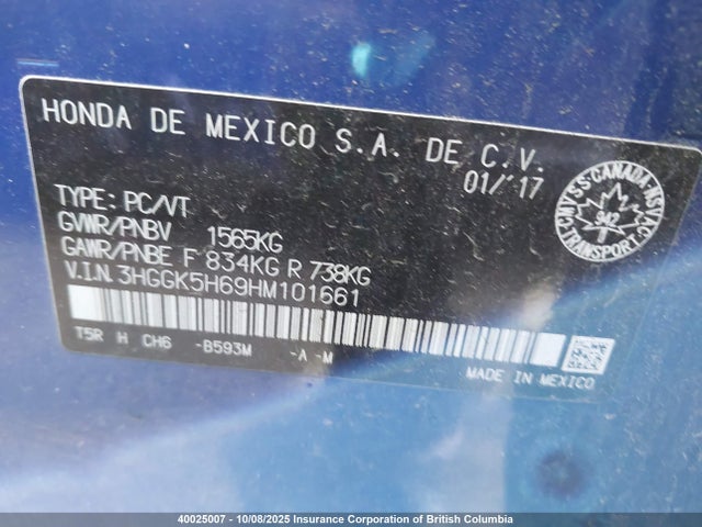 3HGGK5H69HM101661 Honda l15b1/l15b3