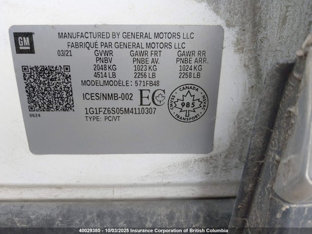 1G1FZ6S05M4110307 Chevrolet 2021