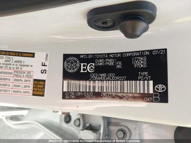 40022719 :رقم المزاد ، JTDBAMDE6NJ039227 vin ، 2022 Toyota Corolla مزاد بيع