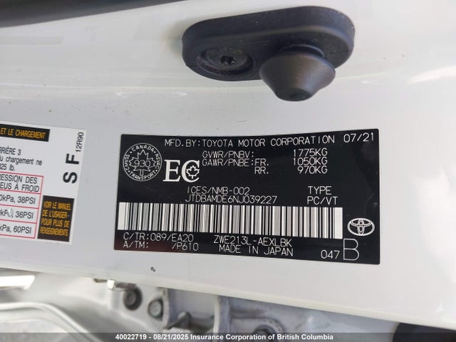 40022719 :رقم المزاد ، JTDBAMDE6NJ039227 vin ، 2022 Toyota Corolla مزاد بيع