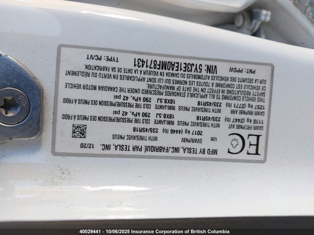 5YJ3E1EA0MF871431 Tesla MODEL 3