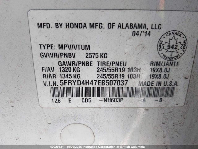 Acura j35y5 2014 5FRYD4H47EB507037 Image 9