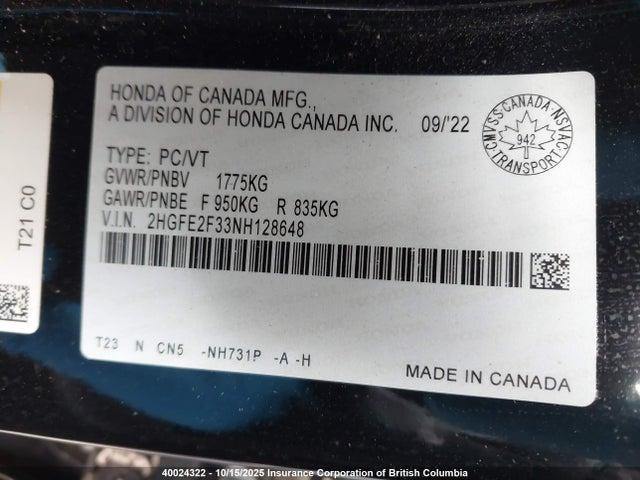 Honda 2022 2022 2HGFE2F33NH128648 Image 9