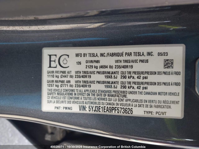 2023 Tesla Model 3 მანქანა იყიდება აუქციონზე, vin: 5YJ3E1EA9PF573626, აუქციონის ნომერი: 40028071