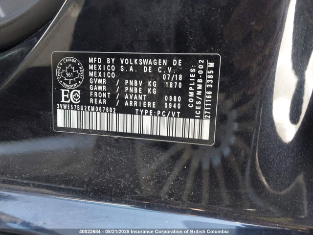 3VWE57BU2KM067602 Volkswagen 1.8 tsi