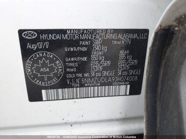 5NMZUDLA9JH074008 Hyundai t-gdi theta ii