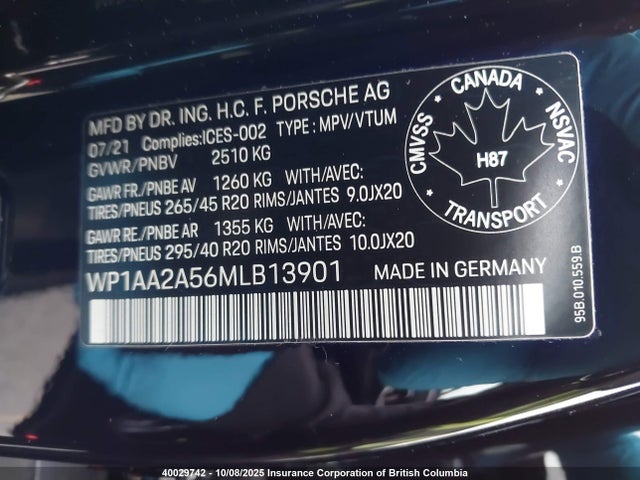 Porsche 2021 2021 WP1AA2A56MLB13901 Image 9