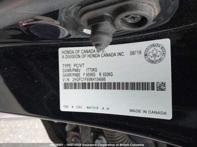 Honda l15b7/l15by 2019 2HGFC1F95KH104996 Image 9