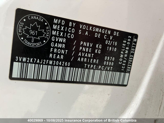 3VW2K7AJ2FM304260 Volkswagen 2015
