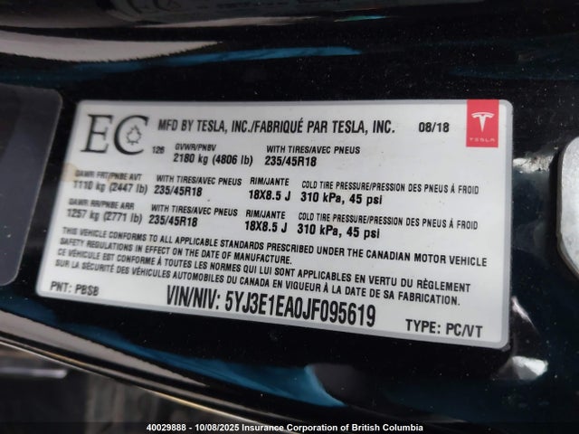 5YJ3E1EA0JF095619 Tesla MODEL 3
